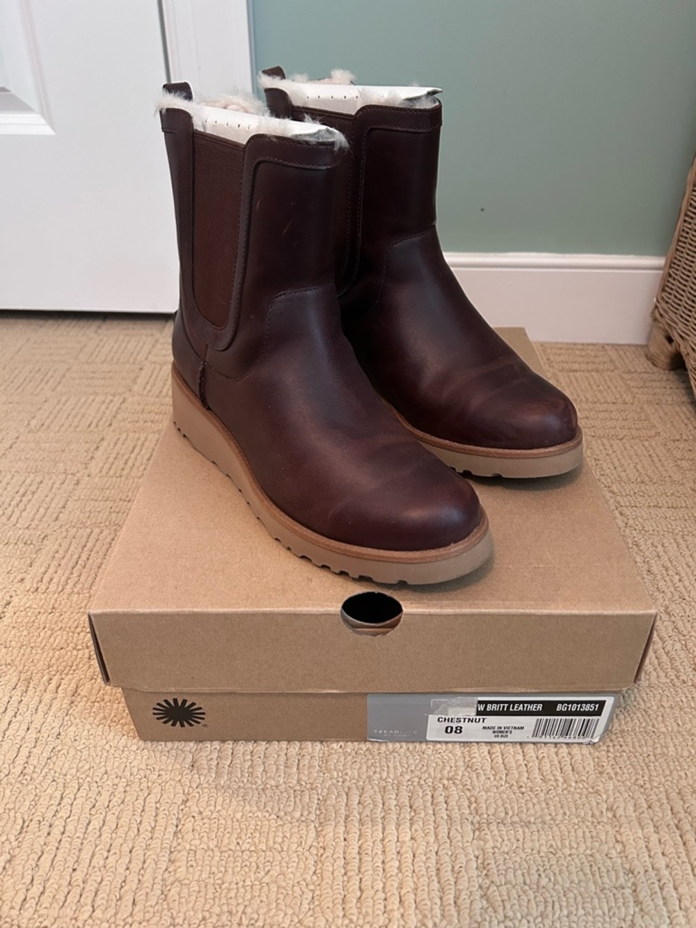 UGG Chestnut Brown Shearling-Lined Leather Pull-On Boots